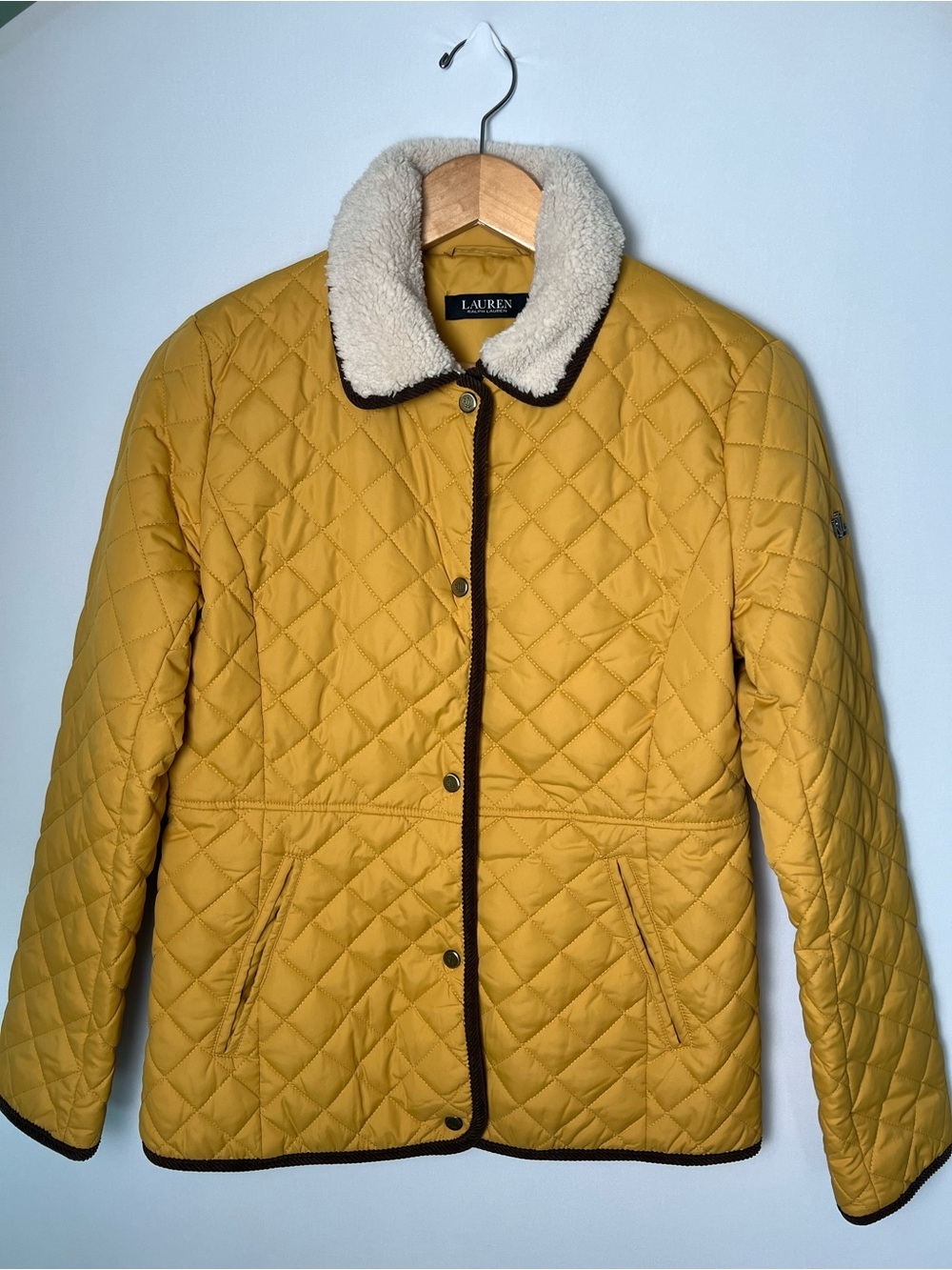 Ralph Lauren Faux Shearling Trim Quilted Puffer Barn Jacket Yellow Equestrian S